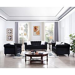3 Piece Living Room Sofa Set, Including 3-seater Sofa, Loveseat And Sofa Chair, With Button And Copper Nail On Arms And Back, Five White Villose Pillow, Black. - As Picture