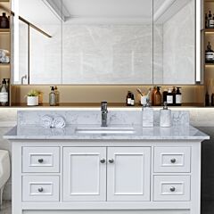 43"x 22" Bathroom Stone Vanity Top Carrara Jade Engineered Marble Color With Undermount Ceramic Sink And Single Faucet Hole With Backsplash - White