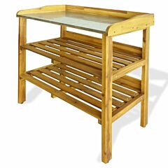 Potting Bench With 2 Shelves Solid Acacia Wood And Zinc - Brown