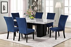 Faux Marble Dining Table With Six Velvet Chairs,blue - As Picture