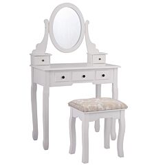 Makeup Desk Vanity Dressing Table Set W/ Round Mirror Stool 5 Storage Drawers - White