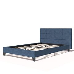 Upholstered Linen Full Platform Bed/metal Frame With Tufted Square Stitched Headboard - Strong Wood Slats Support - Blue Cloth,full - Blue