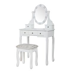 Five-drawer Round Mirror Dresser - With Led Lights - White