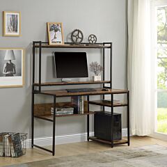 Home Office Computer Desk With 2-tier Bookshelf And Open Storage Shelf/equipped With Removable Monitor Riser(brown) - Picture