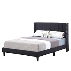 Bed Frame Set, Beds Headboard With Wings & Platform & Slats, Fabric/queen/black - Grey