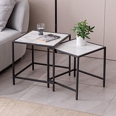 Nesting End/side Table,night Stand 2-piece Set,square Sintered Stone Top With Black Metal Frame - Black
