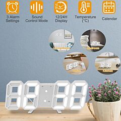 3d Led Digital Wall Clock Sound Control Table Desk Alarm Clock W/ 3 Auto Adjustable Brightness Snooze - White