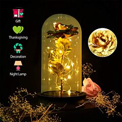 Foil Rose Led String Light Rose Fairy Lamp W/ Glass Dome For Valentines' Day - Gold