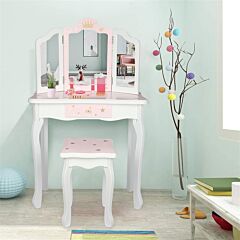 Wooden Toy Children's Dressing Table Three Foldable Mirror/chair/single Drawer Pink Star Style Yj - Picture
