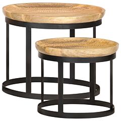 Round Side Tables 2 Pcs Solid Mango Wood And Steel - Brown