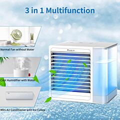 (do Not Sell On Amazon) Portable Air Conditioner Fan, 3 In 1 Personal Air Cooler And Humidifier, Quiet Usb Air Cooler Desk Fan With 2 Speeds And Led Light, Mini Purifier For Home Room Office Rt - White