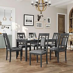 7-piece Farmhouse Rustic Wooden Dining Table Set Kitchen Furniture Set With 6 Padded Dining Chairs - Gray