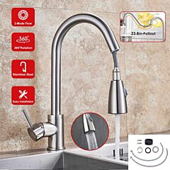 Kitchen Faucets Single Handle Kitchen Sink Faucet Brushed Nickel Stainless Steel Pulldown Head Faucet - Silver