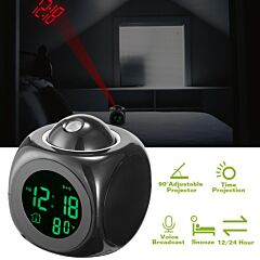 Lcd Projection Alarm Clock Battery Powered With Voice Broadcast Function Snooze Temperature Display 12/24 Hour Time System - Black