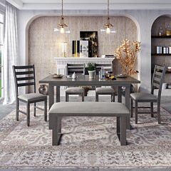 6-pieces Family Furniture, Solid Wood Dining Room Set With Rectangular Table & 4 Chairs With Bench - Gray