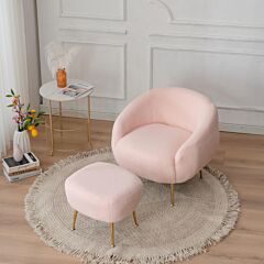 Fch Faux Fur Barrel Accent Chair With Ottoman For Bedroom Living Room Guestroom, Pink - Pink