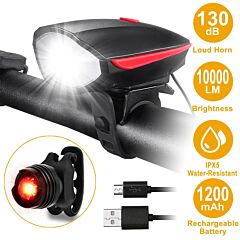 10000lm Bike Headlight Usb Rechargeable Led Bicycle Front Light Rear Tail Light - Black