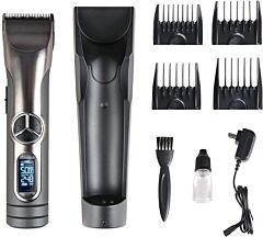 Professional Cordless Rechargeable Hair Clipper Kit For Men With Charging Base For Barbers 4 Guide Combs & 5 Speeds - Gray