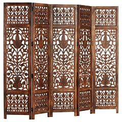 Hand Carved 5-panel Room Divider Brown 78.7"x65" Solid Mango Wood - Grey