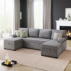 108.75"pull-out U-shaped Sofa Bed, Two Chaise Lounges With Storage, 2 Usb Charging Ports, 6-seater Sofa - Gray