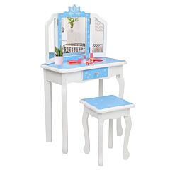 Wooden Toy Children's Dressing Table Three Foldable Mirror/chair/single Drawer Blue Snow Style Rt - Picture