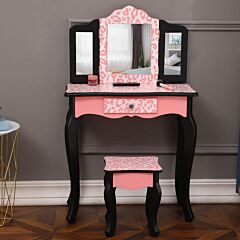 Fch Three-fold Mirror Single Drawer Arc Feet Children Dresser Pink Leopard Print, This Is A Very Fashion, Modern And Simple Dressing Table Rt - Pink Leopard Print