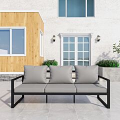 Patio Furniture Metal Couch, 3-seat All-weather Outdoor Black Metal Sofa Chair With Grey Cushions - Black+ Gray