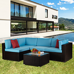 Beefurni Outdoor Garden Patio Furniture 5-piece Brown Pe Rattan Wicker Sectional Blue Cushioned Sofa Sets With 2 Red Pillows - Blue