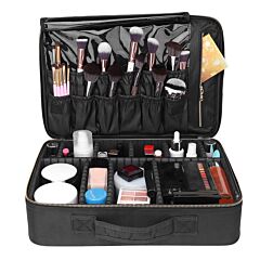 Large Makeup Bag  Professional Travel Cosmetic Bag Makeup Organizer Case 16 Inches Portable Artist Storage Brush Box With Adjustable Dividers And Strap For Makeup Accessories Black Yf - Black
