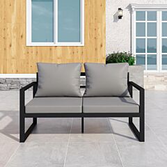 Patio Furniture Metal Couch, 2-seat All-weather Outdoor Black Metal Sofa Chair With Grey Cushions - Black+ Gray