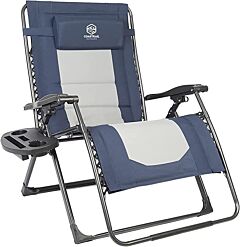 Outdoor Zero Gravity Chair Wood Armrest Padded Comfort Folding Patio Lounge Chair, Blue+black - Navy Blue+grey