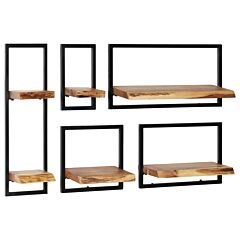 Wall Shelf Set 5 Pieces Solid Acacia Wood And Steel - Brown