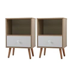 Set Of 2 Mid-century Wood Nightstand, Bed Sofa Side Table With Drawer And Shelf, Modern End Table For Living Room Bedroom Office Xh - Natural And White
