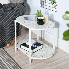 White Side End Table 24 Inches 2-tiers Oval Nightstand, Modern Marble Small Table Coffee Tea Sofa Table For Living Room Indoor Balcony - As Picture