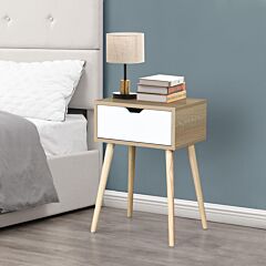 Side Table With 1 Drawer And Rubber Wood Legs, Mid-century Modern Storage Cabinet For Bedroom Living Room Furniture, White With Solid Wood Color - White With Solid Wood Color