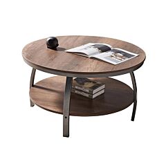 Round Coffee Table 2-tier Industrial Sofa Table Furniture For Living Room Storage Shelf Wooden Tabletop Open Shelf - Barnwood