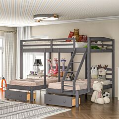 Full Over Twin & Twin Bunk Bed,triple Bunk Bed With Drawers, Gray - Gray