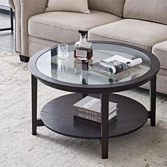 Modern Solid Wood Round Coffee Table With Tempered Glass Top Black Color-36" - Black