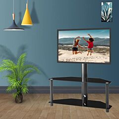 Free Shipping Height And Angle Adjustable Multi-function Tempered Glass Metal Frame Floor Tv Stand, Lcd Tv Bracket Plasma Tv Bracket 2 Tier Tempered Glass Shelves For Multiple Media Devices Yj - Black