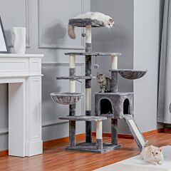 Multi-level Cat Tree Cat Tower With Cozy Condo 2 Hammocks Top Perch Scratching Pad And Dangling Balls - Grey