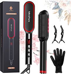 Hair Straightener Comb, Miropure Hair Straightening Brush, Anion Hair Straightener Brush W/led, 13 Settings, Far Ir & Ionic, Dual Voltage Ceramic Comb For Thick Hair, Anti Scald Auto Off - Black+red