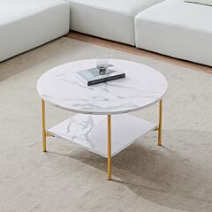 Modern Round Coffee Table With Storage, Golden Metal Frame With Marble Color Top-31.5" - Golden