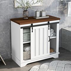 Bathroom Storage Cabinet, Freestanding Accent Cabinet, Sliding Barn Door, Thick Top, Adjustable Shelf, White And Brown - Brown White