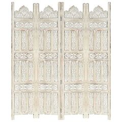 Hand Carved 4-panel Room Divider White 63"x65" Solid Mango Wood - White