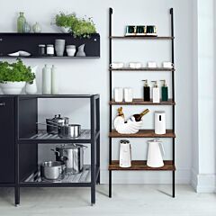 Industrial Wall Mounted Bookcase 5-tier Open Ladder Shelf Bookshelf With Metal Frame, 23.6" L X 11.8" W X 70.9" H - As Pic