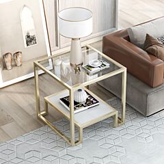 Modern, Minimalist Design Living Room End Table, Metal With Stained White Tempered Glass, 2-tier Sofa Side Table, Gold - Gold