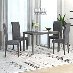 Farmhouse Rustic Wood 5-piece Dining Table Set For 4, Kitchen Table Set With 4 Upholstered Dining Chairs - Gray
