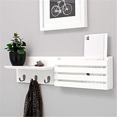Mail Holder And Coat Key Rack Wall Shelf With 3 Hooks, 24" X 6", White Rt - White