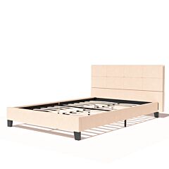 Upholstered Linen Full Platform Bed Metal Frame / Mattress Foundation With Wood Slats / Tufted Square Stitched Fabric Headboard / Easy Assembly - Beige, Full Size - Beige