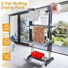 Clothes Drying Rack Rolling Collapsible Laundry Dryer Hanger Stand Rail Shelve Wardrobe Clothing Drying Racks - Black